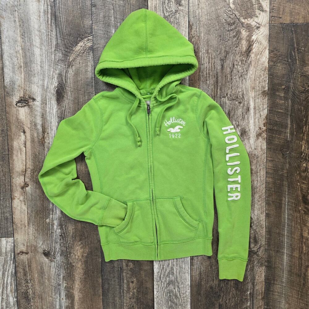 Y2K Hollister Lime Green Zip Up Hoodie Size Small White Sleeve Spellout McBling